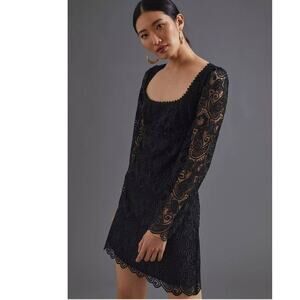New Anthropologie Maeve Embroidered Lace Mini Dress $180 Sz 6 Black Long Sleeve